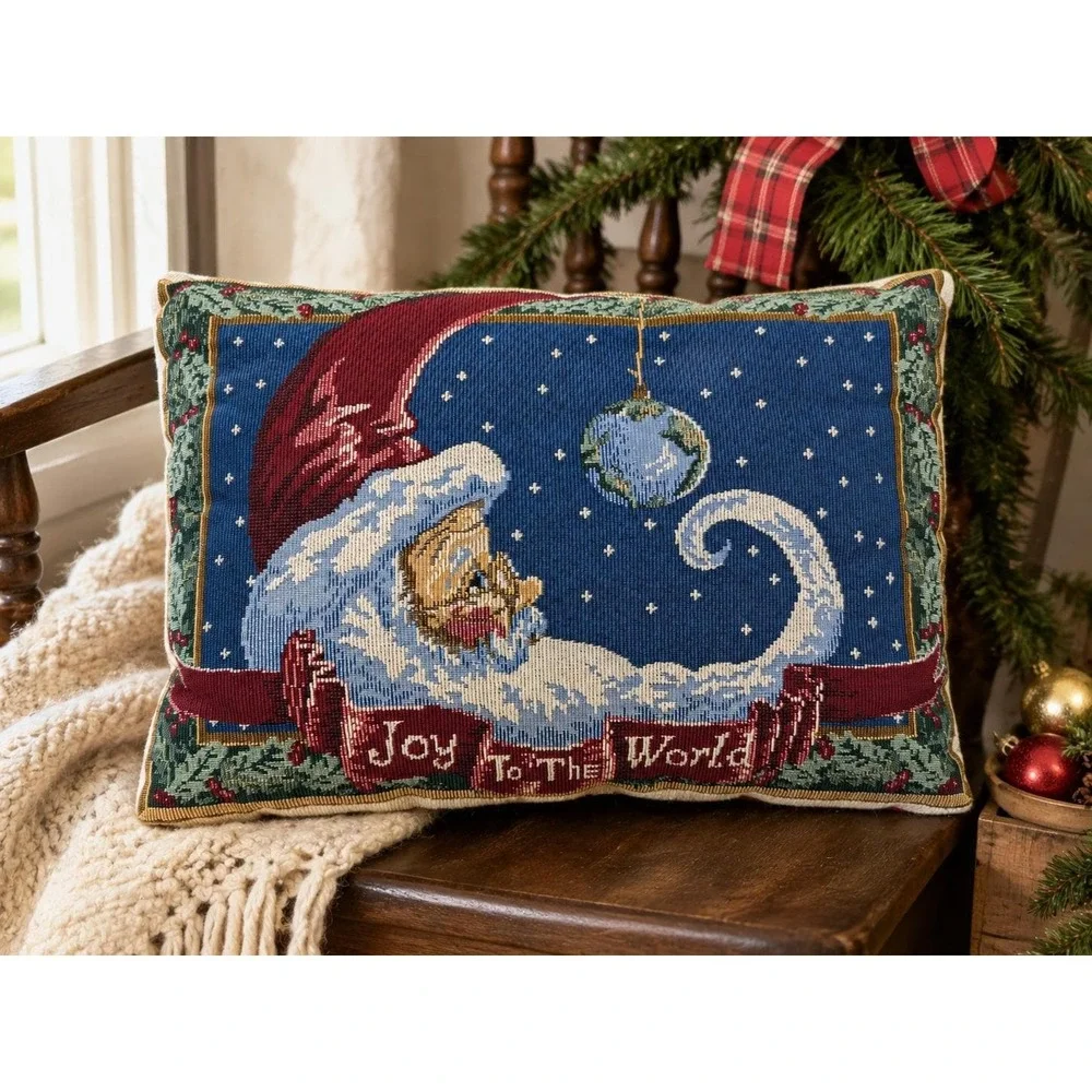 Vintage Santa Tapestry Pillow Joy to the World Christmas Holiday Decor